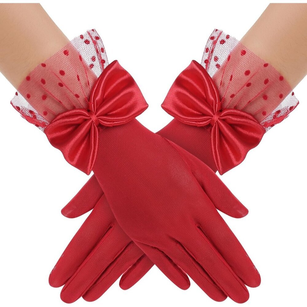 Women's Bow Gloves Dark Red Short Lace Evening Wedding Accessories Party Prom